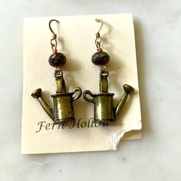 Fern Hollow antique gold beaded watering can dangle earrings NEW - Picture 1 of 4